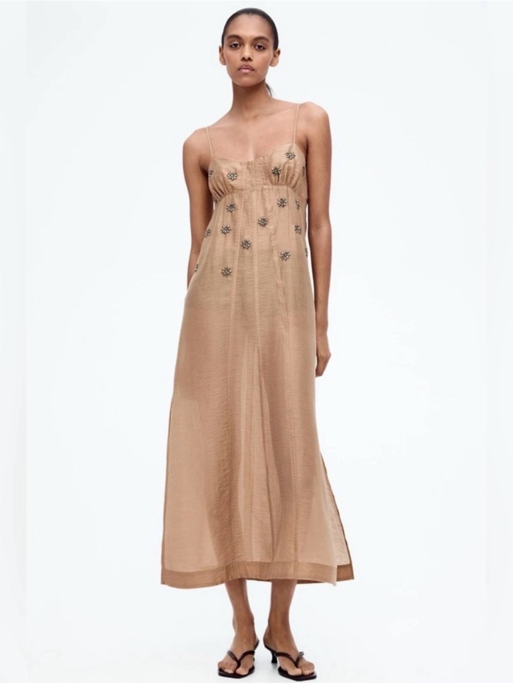 H&M Studio Dark Beige Sheer Embellished Slip Midi Dress